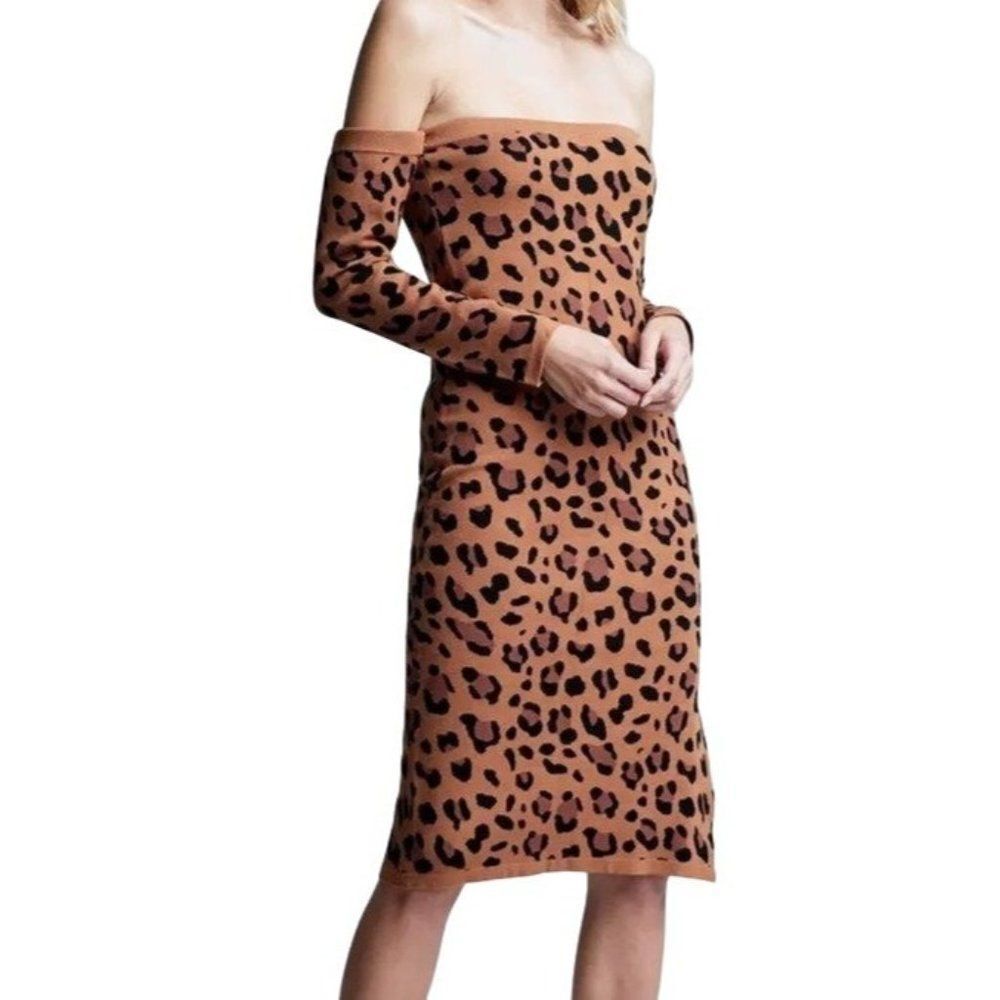 L'Agence Felicia Off Shoulder Leopard Print Sweater Dress Sz M Black Brown NEW